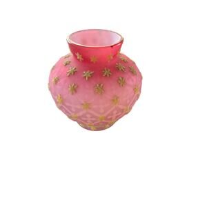 Vintage Mt Washington Pink Satin Cased Footed Glass Rose Bowl-Raised Gold Stars